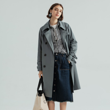 雲上生活春秋装中长款双排扣纯色经典女式风衣