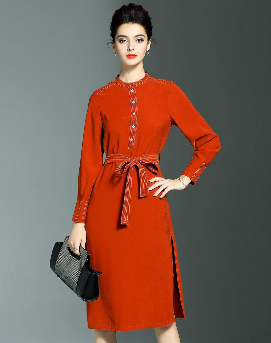 雅kemanya女装珂曼雅秋季新款 压明线腰带装饰优雅连衣裙