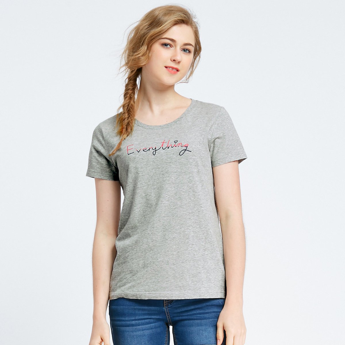 真维斯短t恤 夏装 女装弹性圆领打底印花修身短袖t恤