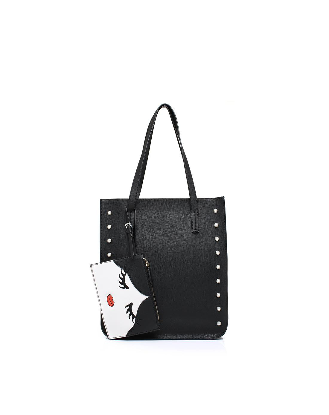 百思图 人造革珍珠装饰时尚女单肩包黑白色